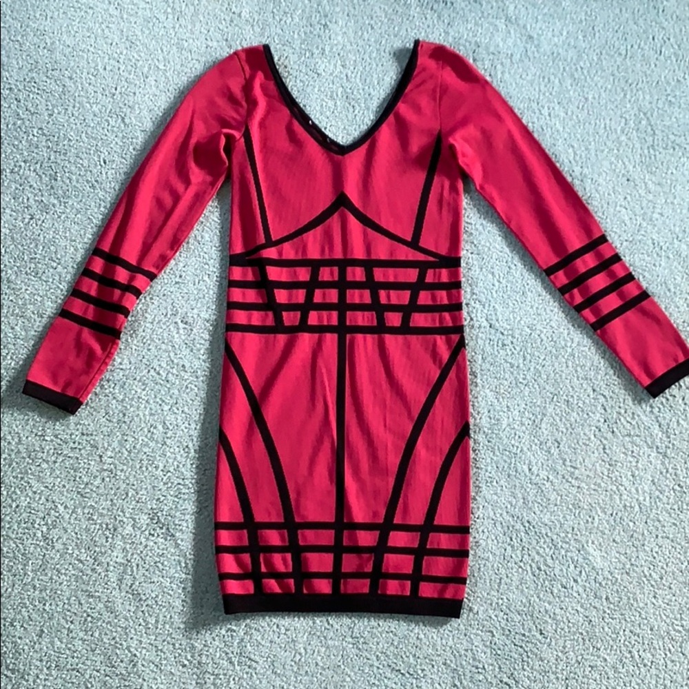 Fuchsia with black panel design, fitted dress